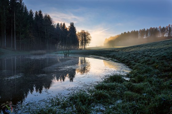 Neukirchen, lake, pond, reflection, dawn, sunrise, Bayern, Notis Stamos, fog